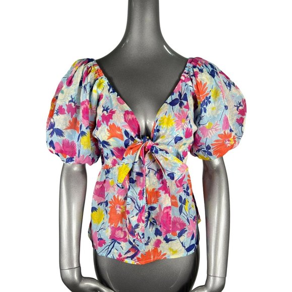 Banjanan NWT Plunge Blouse Top Puff Sleeve Floral Tie Front Small - Picture 1 of 7